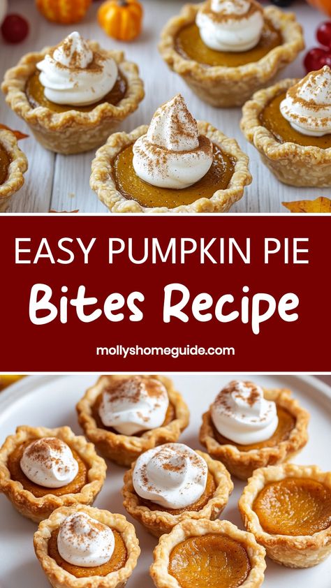 Indulge in the delicious flavors of fall with these irresistible pumpkin pie bites. These mini treats are the perfect combination of creamy pumpkin filling and buttery, flaky crust. Whether you're looking for a sweet snack or a festive dessert, these petite pumpkin pies are sure to satisfy your cravings. Easy to make and even easier to enjoy, they're a must-have for any autumn gathering or cozy night in. Pumpkin Pie Cups Recipe, Tiny Pumpkin Pies, Pumpkin Pies Mini, Pumpkin Pie Bites With Crescent Rolls, Mini Pumpkin Pie Recipe Easy, Pumpkin Tassies Recipe, How To Make Mini Pumpkin Pies, Pumpkin Pie Recipe Mini, Mini Pumpkin Tarts Recipe