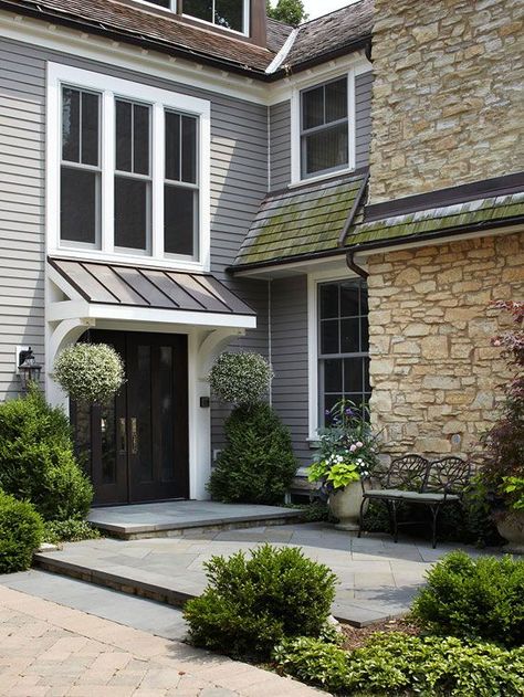 Attractive combination of materials, changes in elevation to create a landing at the entry door. Front Door Overhang, Canopy Porch, Front Door Awning, Door Overhang, Door Awning, Porch Roof, Door Awnings, Door Canopy, Front Door Colors