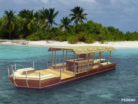 Party Boat, Boat Club Architecture, Pontoon Boat Party, Party Barge Pontoon Boats, Dutch Barge Houseboats, Diy Dock, Luxury Boat Dock, Bamboo Boat, Boat Bar