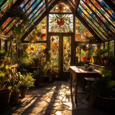 Fairycore House Aesthetic, Garden Conservatory Ideas, Skylight With Plants, Stained Glass Window In House, Stained Glass Shed, Glass Arboretum, Solar Punk Room, Nature Themed House, Cottage Core Greenhouse