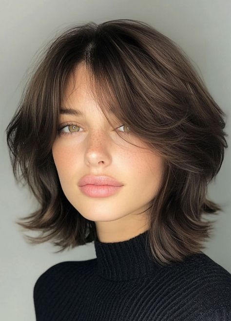 38. Tousled Brunette Bob with Curtain Bangs This tousled brunette bob with curtain bangs is the perfect mix of modern and effortless style. The chin-length cut is softly layered, creating a voluminous, airy texture that adds movement and dimension to the hair. Chin Length Layered Bob With Curtain Bangs, Short Shag Bob With Curtain Bangs, Layered Bob Haircut With Curtain Bangs, Short Layers Curtain Bangs Short Hair, Short Hair With Layers Curtain Bangs, Voluminous Layered Hair With Curtain Bangs, Long Bob Haircuts Curtain Bangs, Bob With Side Curtain Bangs, Short Layered Haircuts With Curtain Bang