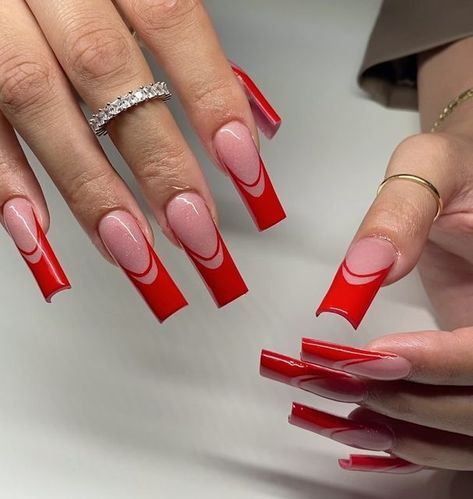 Red Frenchies Acrylic Nails, Red Nails Inspiration Art Designs, Red French Tip Nails Design, Red Frenchies Nails, Red Nails With White French Tip, Red French Nail Designs, Cute Red Nail Designs, Red French Tip Nails With Design, Red And White French Tip