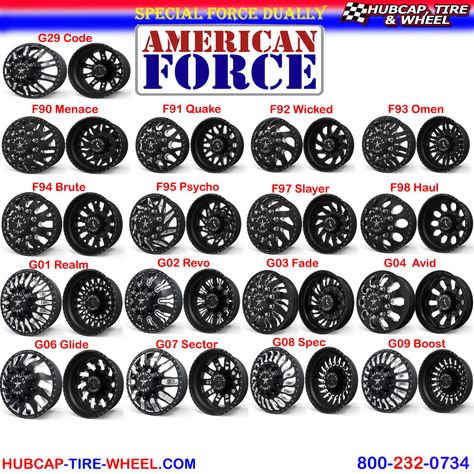 Latest additions to the American Force Special Force Dually Line! F90 Menace. F91 Quake. F92 Wicked. F93 Omen. F94 Brute. F95 Psycho. F97 Slayer. F98 Haul. G01 Realm. G02 Revo. G03 Fade. G04 Avid. G06 Glide. G07 Sector. G08 Spec. G09 Boost. G29 Code. Black & Machined Windows. 85 Chevy Truck, F350 Dually, Dually Wheels, American Force Wheels, Custom Wheels And Tires, Truck Rims, Dually Trucks, Custom Chevy Trucks, Vehicle Accessories