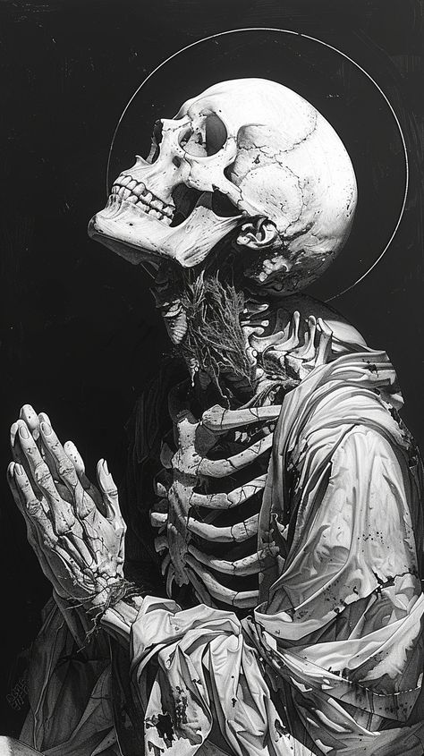 Skull Looking Up Drawing, Skeleton Art Aesthetic Dark, Angel And Devil Art, Praying Skeleton Tattoo, Skull Violin, Skull Praying, Skull Side Profile, Skeleton Profile, Human Skeleton Art