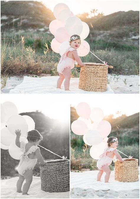 First birthday picture ideas with balloons and a basket during the sunset at the beach. Maris Kirs Photography. North Florida family photographer Sunset First Birthday Photos, First Birthday Photo Shoot Beach, First Birthday Photo Shoot Ideas Beach, First Birthday Beach Photoshoot, One Year Old Beach Photoshoot, Beach First Birthday Pictures, Pre Birthday Shoot Baby Girl, 1st Birthday Beach Photoshoot, First Birthday Beach Photos