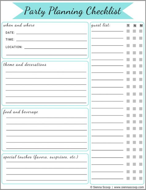 Party Planning and Hosting Tips + FREE Printable Checklist | Sienna Scoop Event Planning Checklist Templates Party Planners, Birthday Party Planning Template, Birthday Party Planning Checklist Free Printable, Birthday Planning Template, Event Planning Checklist Free Printable, Party Planning Template Free Printable, Birthday Party Checklist Free Printable, Collanote Templates, Party Planning Template