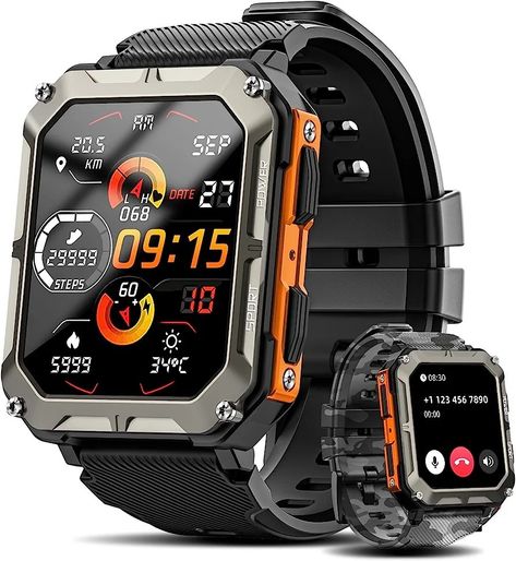 Military Smart Watch for Men. Rugged Tactical Smartwatch for Android Phones and iPhone. Waterproof, Outdoor Sports Fitness Tracker with Heart Rate capability. Gaming Tech, Voice Assistant, Data Transmission, Waterproof Outdoor, Heart Rate, Fitness Tracker, Modern Man, Smartwatch, Quad