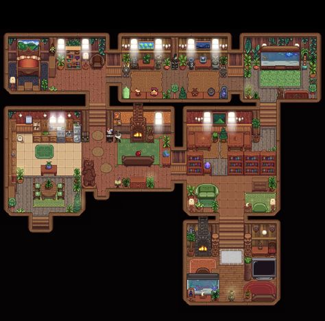 Stardew Valley House Interior Simple, Stardew Valley Farmhouse Layout, Stardew Valley Kitchen Design, Stardew Valley Home Interior, Stardew Valley Kids Room Design, Stardew Valley Furnace Room, Stardew Valley House Interior 1.6, Stardew Valley House Interior, Stardew Valley House Interior Retro