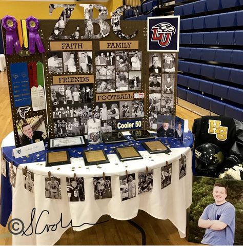 Senior Sunday Table Ideas, Senior Picture Boards Photo Displays Sports, Senior Photo Board Display, Senior Sports Boards, Senior Football Table Ideas, Senior Football Boards, Senior Memory Boards, Senior Night Tables, Senior Night Table Display Basketball