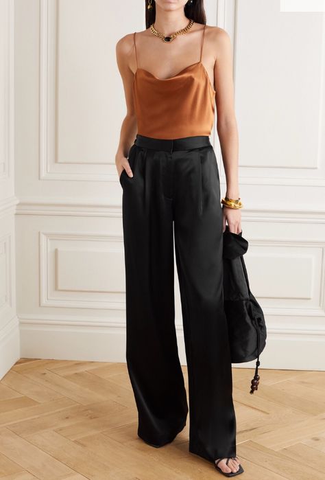 Black Satin Pants Outfit Work, Black Silk Cargo Pants Outfit, Silky Pants Outfit, Satin Pants Outfit Classy, Black Satin Pants Outfit, Satin Trousers Outfit, Pants Outfit Classy, Silk Pants Outfit, Satin Pants Outfit