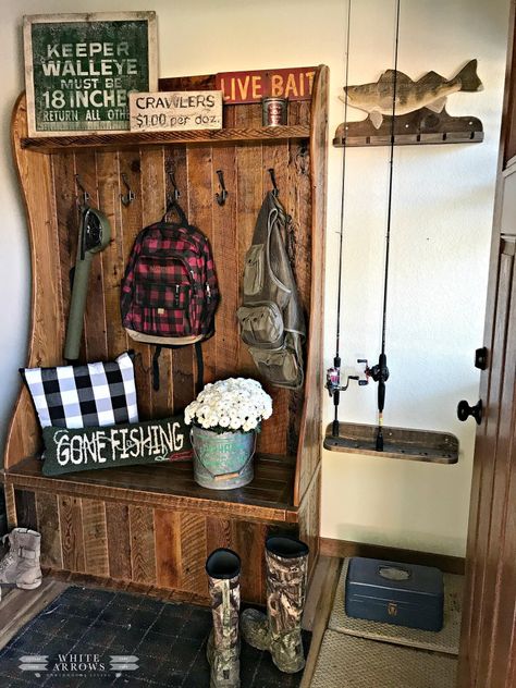 Entry Way, Mudroom, Fly Fishing, Fishing, Coat Rack Decorating Cabin, Mud Area, Fishing Bedroom, Fishing Cabin Decor, High Shelves, Lake Cabin Decor, Farmhouse Blue, Camp House, Fishing Cabin