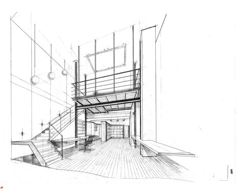 LOFT-3 Loft Apartment Drawing, Loft Sketch, Loft Drawing, Mezzanine Floor Plan, Ink Reference, Salon Lofts, Private Tattoos, Perspective Sketch, Kitchen Drawing