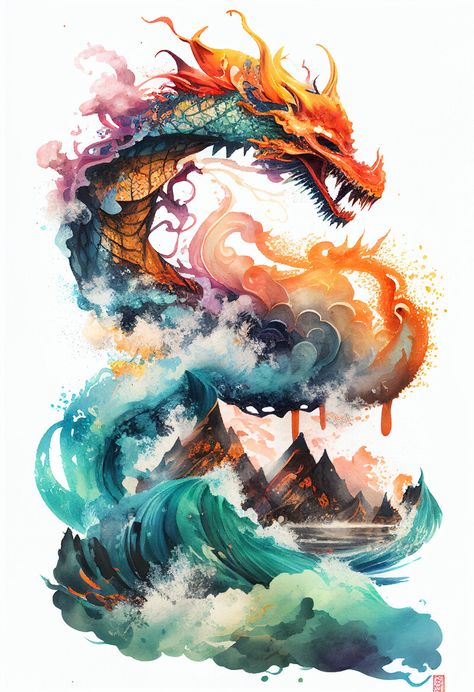 ArtStation - The Water Dragon, kimlong lehoang Dragon Watercolor, Chinese Water Dragon, Water Dragon, Watercolor Mountains, Dragon Artwork, Chinese Dragon, Japanese Culture, Digital Art Prints, Girl's Room