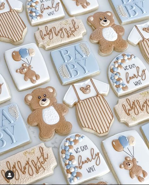 Blue Baby Shower Cake, Cookie Gift Packaging, Teddy Bear Baby Shower Theme, Baby Boy Cookies, Teddy Bear Cookies, Bear Baby Shower Theme, Classy Baby Shower, Baby Shower Theme Decorations, Unisex Baby Shower