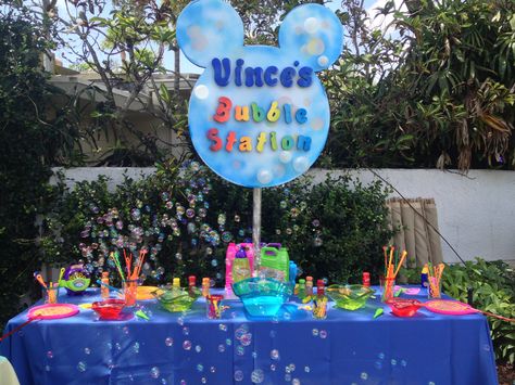 Mickey Themed Kids Birthday Party Bubble Station Party Perfect Boca Raton, FL 1(561)994-8833 Bubbles Station Birthday Party, Bubble Station Ideas For Kids, Bubble Station Ideas, Bubble Station Birthday, Party Bubble Station, Bubble Party Theme, Bubble Invitations, Bubble Station, Bubble Birthday Parties