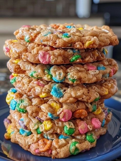 Fruity Pebble Marshmallow Cookies: A Fun and Chewy Treat! Fruity Pebbles Cookies, Fruity Pebble Cookies, Fruity Pebbles Treats, Fruity Pebbles Cereal, Fruity Pebble, Pebbles Cereal, Marshmallow Cookies, Cookie Spread, Fruity Pebbles