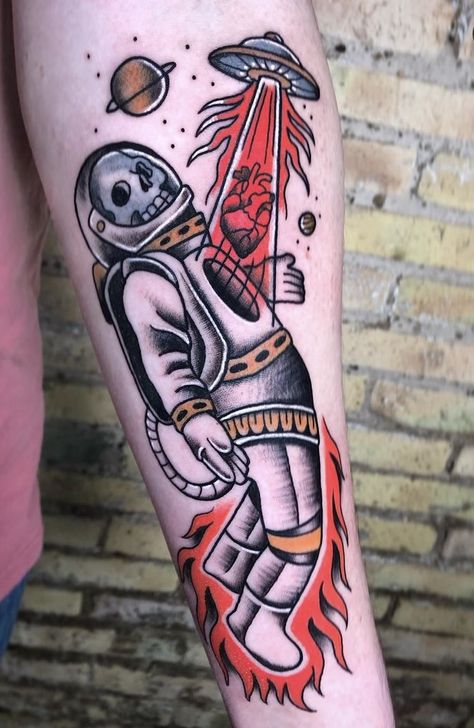 American Traditional Galaxy Tattoo, American Traditional Planet Tattoo, Traditional Sci Fi Tattoo, American Traditional Astronaut, Old School Astronaut Tattoo, Neo Traditional Space Tattoo, Traditional Spaceship Tattoo, Astronaut Traditional Tattoo, American Traditional Astronaut Tattoo