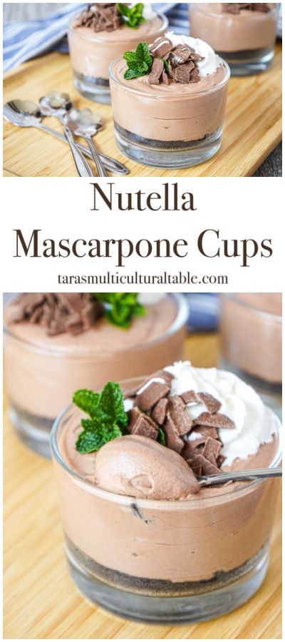 Nutella Mascarpone Cups in three glasses with whipped cream, mint, and chocolate flakes. Mascarpone Cheese Dessert, What To Make With Mascarpone Cheese, Uses For Mascarpone Cheese, Easy Mascarpone Dessert, Easy Mascarpone Recipes, Mascarpone Cheese Recipes, Recipes Using Mascarpone Cheese, Marscapone Recipes Desserts, Mascarpone Dessert Recipes