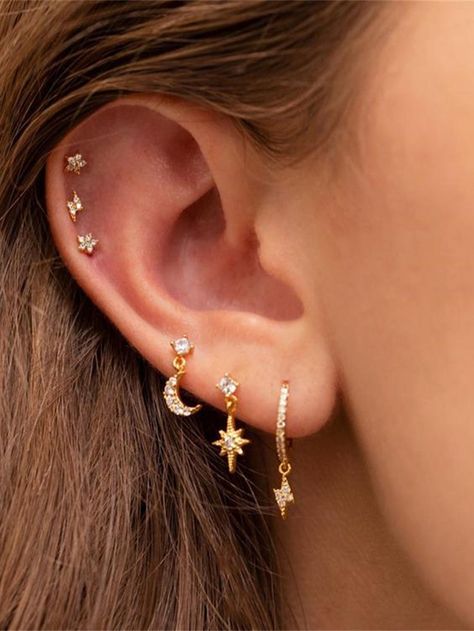 1set Women's Trendy Single Side Wearing Star & Moon Design Earrings Set (6pcs) Minimalist Ear Piercings, 2022 Jewelry, Jennifer Miller, Cool Ear Piercings, Pretty Ear Piercings, Cute Ear Piercings, Jewelry Lookbook, Star Moon, Cartilage Earrings