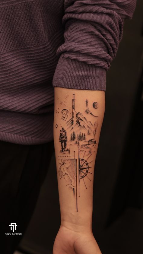 Cool Meaningful Tattoos, Geometric Tattoo Leg, Natur Tattoo Arm, Travel Tattoo Ideas, Meaningful Tattoos For Men, Camping Tattoo, All Seeing Eye Tattoo, Geometric Line Tattoo, Tatuagem Masculina Pequena