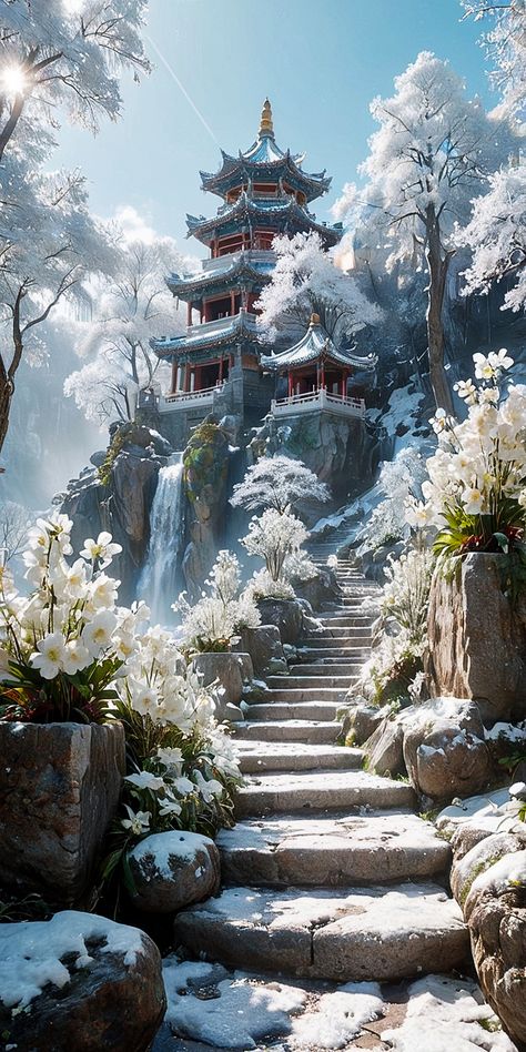 Japanese Fantasy Landscape, Isekai World, Asian Fantasy Art, Asian Landscape, Dreamy Artwork, Asian Painting, View Wallpaper, Chinese Landscape, Japanese Landscape