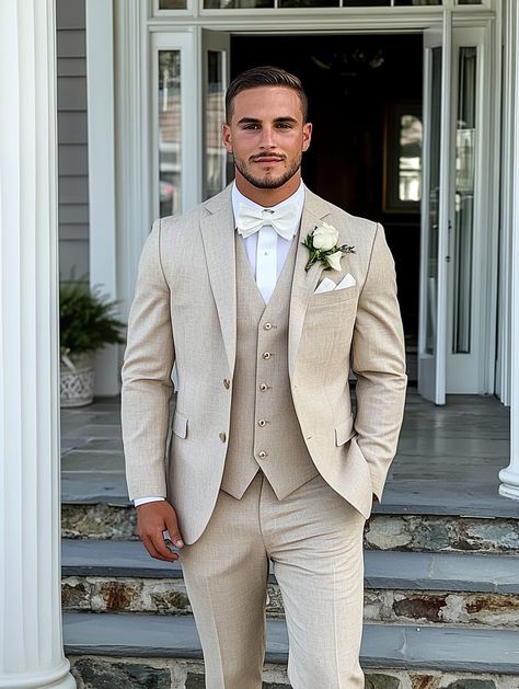 Look your best on your special day with our premium wedding suit. Crafted for the perfect fit, this suit ensures you shine as the groom. #WeddingSuit #GroomStyle #SuitCentury   #MensFashion #Elegant #FormalWear #WeddingDay #Dapper #Stylish Groom Beige Suit Wedding With Tie, Men Engagement Suit, Tan Wedding Tuxedo Groom Attire, Khaki Suits For Men Wedding, Beige Linen Suit Men Wedding, Tan Suites Wedding, Cream Suit For Groom, Stone Groom Suit, Best Wedding Suits For Men Groomsmen