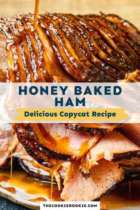 This honey baked ham recipe is a holiday must! Everyone will love this deliciously sweet, oven baked ham for Christmas, Easter, or any other holiday feast. This copycat recipe is such an easy way to make that spiral ham extra flavorful! Baked Ham Oven, Best Spiral Ham Recipe, Honey Baked Ham Copycat, Oven Baked Ham, Ham For Christmas, Honey Glazed Ham Recipe, Baked Spiral Ham, Cooking Spiral Ham, Honey Ham Glaze Recipe