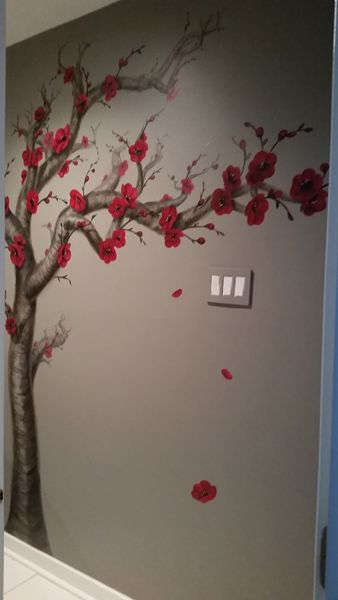 Red Cherry Blossom Tree Bathroom Mural Painting Ideas For Bedroom, Wall Art Painting Ideas, Tree Wall Painting, 3d Printing Ideas, Simple Wall Paintings, Bedroom 2023, Bathroom Mural, Mural Artist, Tree Wall Murals