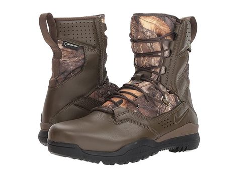 Nike SFB Field 2 8'' Realtree (Dark Hazel/Black) Men's Boots. Stay camouflaged for several days in the deep thicket and brambles of the forest  waiting for that perfect photographic opportunity with the Nike SFB Field 2 8 RealTree Boot. Engineered and designed for the rigorous demands of military  first-response  nature photography  and hunting uses. Tactical boots with smooth leather and nylon canvas in RealTree printed desig #Nike #Shoes #Boot #GeneralBoot #Brown Nike Sfb, Black Boots Men, Shoes Boot, In The Deep, Tactical Boots, Men's Boots, Running Sneakers, Buy Shoes, The Forest