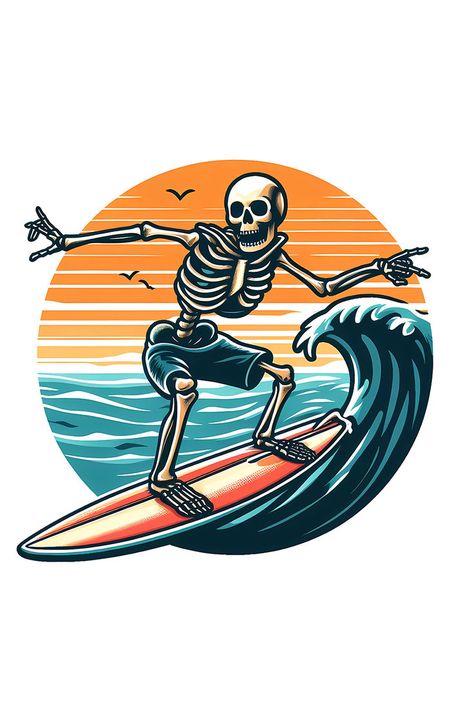 Surfing Skeleton, Looking Into The Distance, Surf Tattoo, Skeleton Tattoos, Retro Wallpaper Iphone, Retro Surf, Halloween Inspo, Retro Wallpaper, Surfs Up