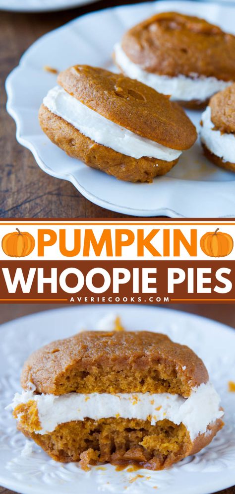 Spiced Pumpkin Whoopie Pies - Averie Cooks Whoopie Pies Pumpkin, Pumpkin Gobs, Pumpkin Whoopie Pies, Pumpkin Oats, Pumpkin Cheesecake Bars, Averie Cooks, Classic Cheesecake, Best Pie, Spiced Pumpkin