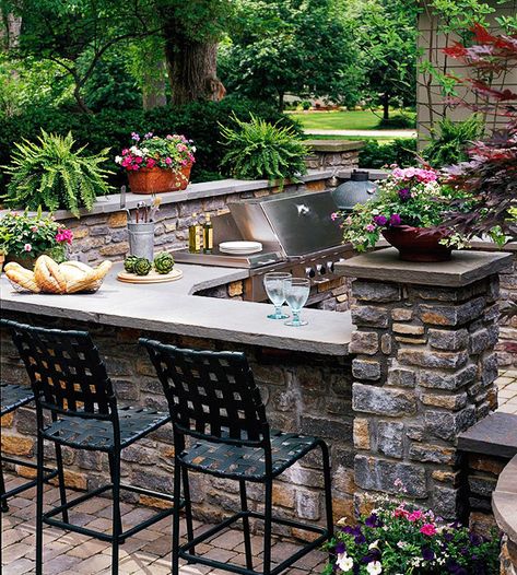 This gorgeous stone outdoor kitchen is a perfect party spot. More outdoor kitchen inspiration: http://www.bhg.com/kitchen/outdoor/accessories-for-your-outdoor-kitchen/?socsrc=bhgpin090412stoneoutdoorkitchen#page=7 Have Inspiration, Outside Living, Outdoor Kitchens, Dream Backyard, Outdoor Kitchen Design, Backyards, Outdoor Grill, Outdoor Oasis, Backyard Oasis