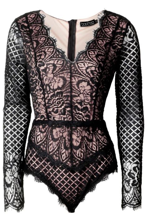 Black And White One Piece, Black Lace Bodysuit, Body Suit Outfits, Lace Long Sleeve, Lace Bodysuit, Long Sleeve Bodysuit, Black Stretch, Rompers Women, Lace Tops