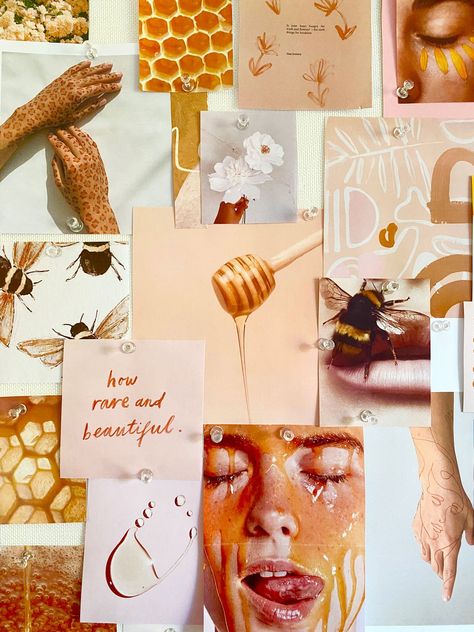 Honey mood board Honey Bee Mood Board, Honey Bee Aesthetic, Honey Marketing, Honey Moodboard, September Mood Board, Honey Nails, Honey Bee Theme, Honey Bee Tattoo, Honey Art