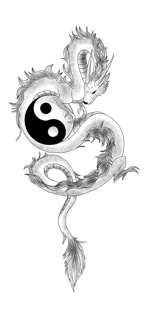 Ying Yang Tattoo With Dragon, Dragon Yin And Yang, Dragon And Moon Tattoo For Women, Ying Yang Drawing Ideas, Ying Yang Tattoo Dragon, Dragon Ying Yang Tattoo, Yin Yang Sketch, Chinese Dragon Drawing Sketches, Ying Yang Art Drawing