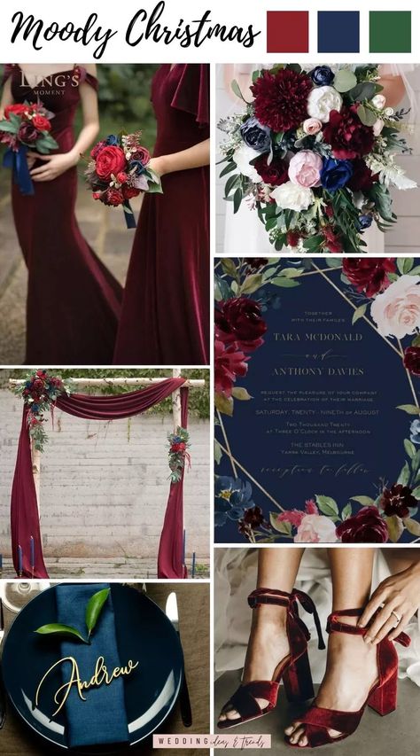 A color palette of navy blue, burgundy, and dark green is a match made in heaven for a rustic winter wedding. This trending color palette creates a moody boho-chic vibe with a cozy and warm Christmas vibe that is perfect for the holiday season. Check out these 4 Christmas wedding color palettes that will wow your guests from glamour gold winter style to red, green & wood classic Christmas these December wedding colors will leave you with plenty of ideas to create a festive wintry look. Winter Wedding Navy Burgundy, Deep Blue Winter Wedding, December Wedding Burgundy And Navy, Winter Wedding Burgundy And Navy, Blue Red Gold Wedding Theme, Navy Dark Green Color Palette, Winter Wedding Colors Red, Red Green Navy Gold Wedding, Navy Burgundy And Green Wedding