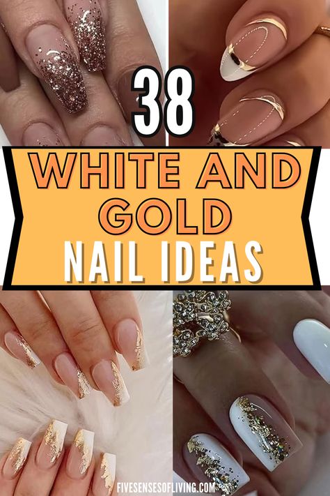 White And Gold Ombré Nails, French Manicure With Golden Tips, New Years Nail Designs White And Gold, Pink And White Ombre Nails With Gold, Summer White And Gold Nails, Gala Nails Simple, White And Golden Nails Designs, Pearl White And Gold Nails, Gold Glitter French Tip Nails Coffin