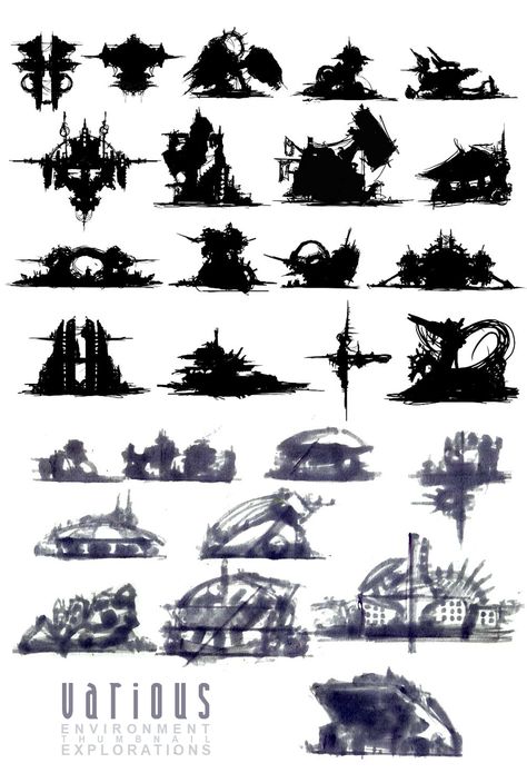 Silhouette Concept Art, Concept Art Black And White, Building Sillouhette, Shadow Study Architecture, Steampunk Character Design, Steampunk Building, Black And White Environment Concept Art, Building Silhouette, Steampunk Character