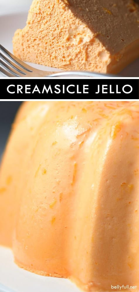 This Orange Creamsicle Jello Mold has a mousse-like texture, so delicious, and super easy using only a few pantry staples. Perfect for a Sunday brunch. #orangejellomold #orangejellomoldrecipes #orangejellosalad #orangejellorecipes #jellomoldrecipes #jellosaladrecipes #creamsiclejellomold ##creamsiclejellosalad Orange Creamsicle Jello, Creamsicle Jello, Orange Jello Salads, Jello Mold Recipes, Mold Recipes, Jello Dessert, Jello Dessert Recipes, Orange Jello, Jello Salads