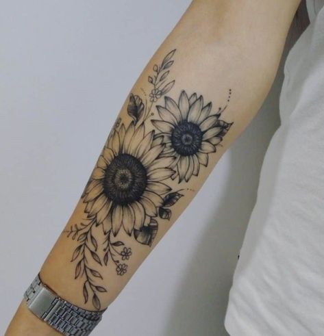 Sunflower Tattoo Ideas, Sunflower Designs, Sunflower Tattoo Sleeve, Vine Tattoos, Tattoo Collection, Forearm Tattoo Women, Sunflower Tattoos, Sunflower Tattoo Design, Tattoo Designs And Meanings