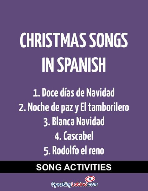 Spanish Class Activities With Christmas Songs in Spanish #Christmas #SpanishSongs | Silent Night, White Christmas, Little Drummer Boy, Rudolph the Red-Nosed Reindeer, The Twelve Days of Christmas and Jingle Bells in Spanish Spanish Christmas Songs, Spanish Class Activities, Songs In Spanish, Night Lyrics, Spanish For Kids, Preschool Spanish, Little Drummer Boy, Spanish Basics, Spanish Christmas