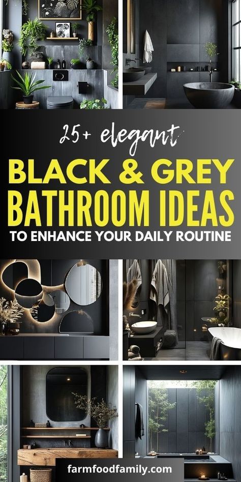 25+ Stunning Black and Grey Bathroom Ideas to Elevate Your Home 56 Bathroom Remodel Masculine, Bathroom Design For Men, Small Bathroom Black Ceiling, Black Shower Tiles Ideas, Grey Black Bathroom Ideas, Black Bathroom Walls Paint, Black Grey Bathroom Ideas, Black Bathroom Color Schemes, Dark Gray And White Bathroom