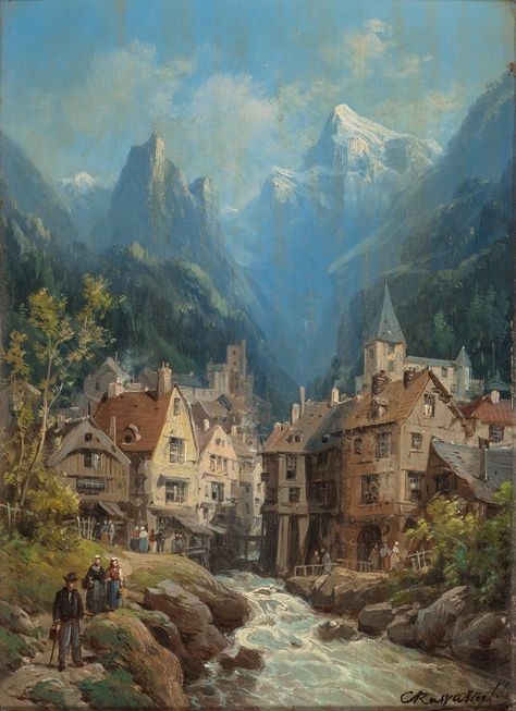 Era Victoria, Alpine Village, Cottage Art, Odaiba, Hur Man Målar, Fantasy City, Fantasy Places, Mountain Town, Fantasy Art Landscapes