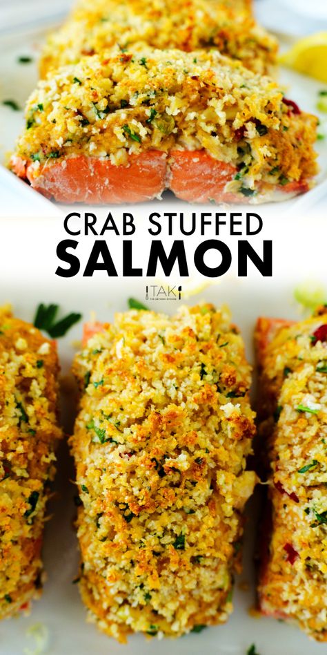 Crab Stuff Salmon Recipes, Stuffed Salmon Recipe, Crab Stuffed Salmon, Salmon Dinner Recipes, Stuffed Salmon, Grilled Salmon Recipes, Crab Stuffed, Crab Cake, Salmon Dinner