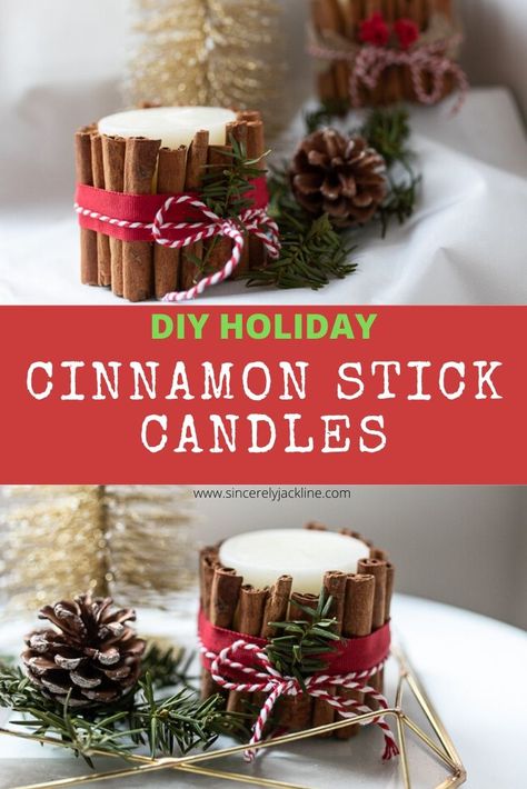 Diy Xmas Crafts To Sell, Dollar Store Candles Diy, Christmas Crafts For Gifts For Adults, Christmas Crafts To Sell Bazaars, Diy Holiday Candles, Candle Making Diy, Homespun Christmas, Diy Christmas Decorations Dollar Store, Cinnamon Stick Candle