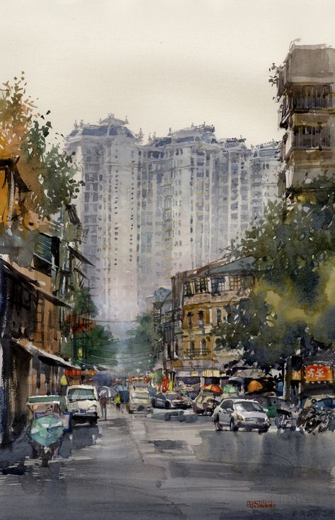 City Views - American Watercolor City Life Painting, City Landscape Watercolor, City Watercolor, Watercolor Art City, City Watercolor Painting, Watercolor Cityscape, Rainy City, Watercolor Scenery, Mountain City