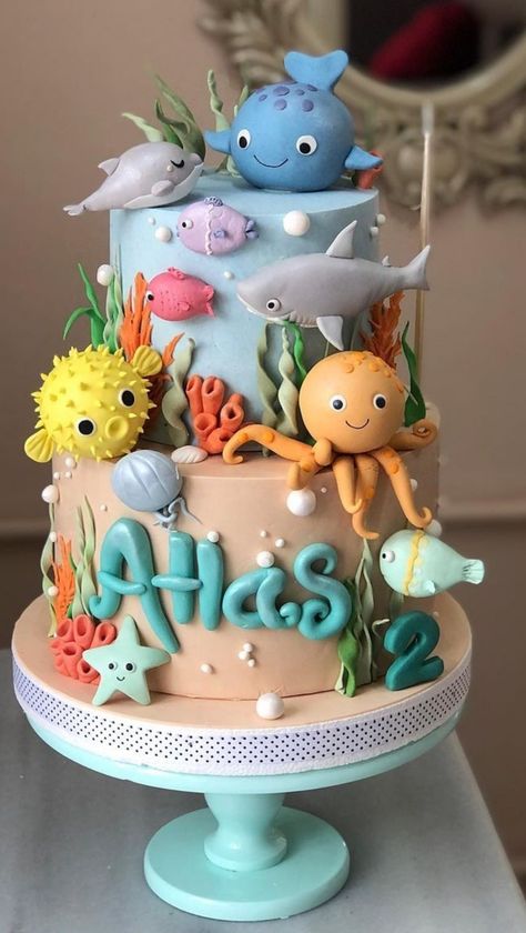 Sea World Cake Ideas, Cake Sea Animals, Sealife Birthday Cake, Sea Theam Cake Design, Sea World Cake, Sea Animal Themed Birthday Party, Sea Animals Birthday Cake, Underwater Themed Cake, Sea Cake Ideas Birthday