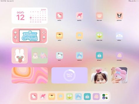 Ios Ipad Layout, Kawaii Ipad Homescreen, Cute Ipad Layout Ideas, Ipad Widget Design Ideas, Cute Ipad Lockscreen, Ios Ipad Homescreen, Ipad Widget Design, Cute Ipad Homescreen Ideas, Ipad Theme Ideas