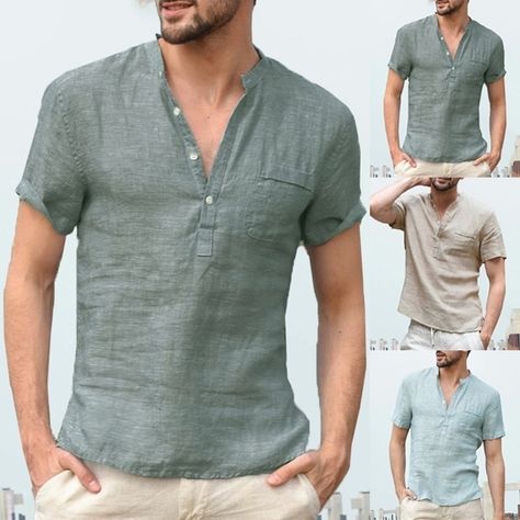 Casual Chique Stijl, Mens Beach Shirts, Linen Tshirts, Mens Linen, Linen Casual, Linen Short, Solid Color Shirt, Tee Shirt Homme, Plus Size Jeans