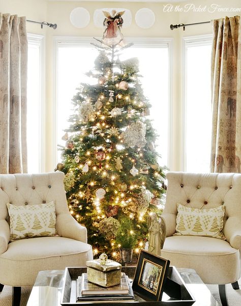 living room Christmas tree in bay window from atthepicketfence.com Christmas Decorations Living Room, Christmas Living Rooms, Living Room Green, Gorgeous Christmas, A Living Room, Christmas Deco, Front Room, Home Tour, Bay Window